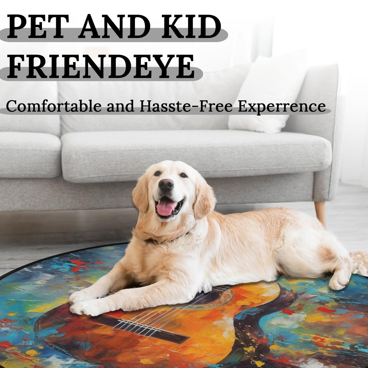 OMFUNS Music Guitar Round Area Rug Bedroom 3 Ft, Oil Painting Circle Floor Mat Non-Slip Washable Accent Throw Rugs Carpet for Living Room Kids Room Nursery Entryway Laundry