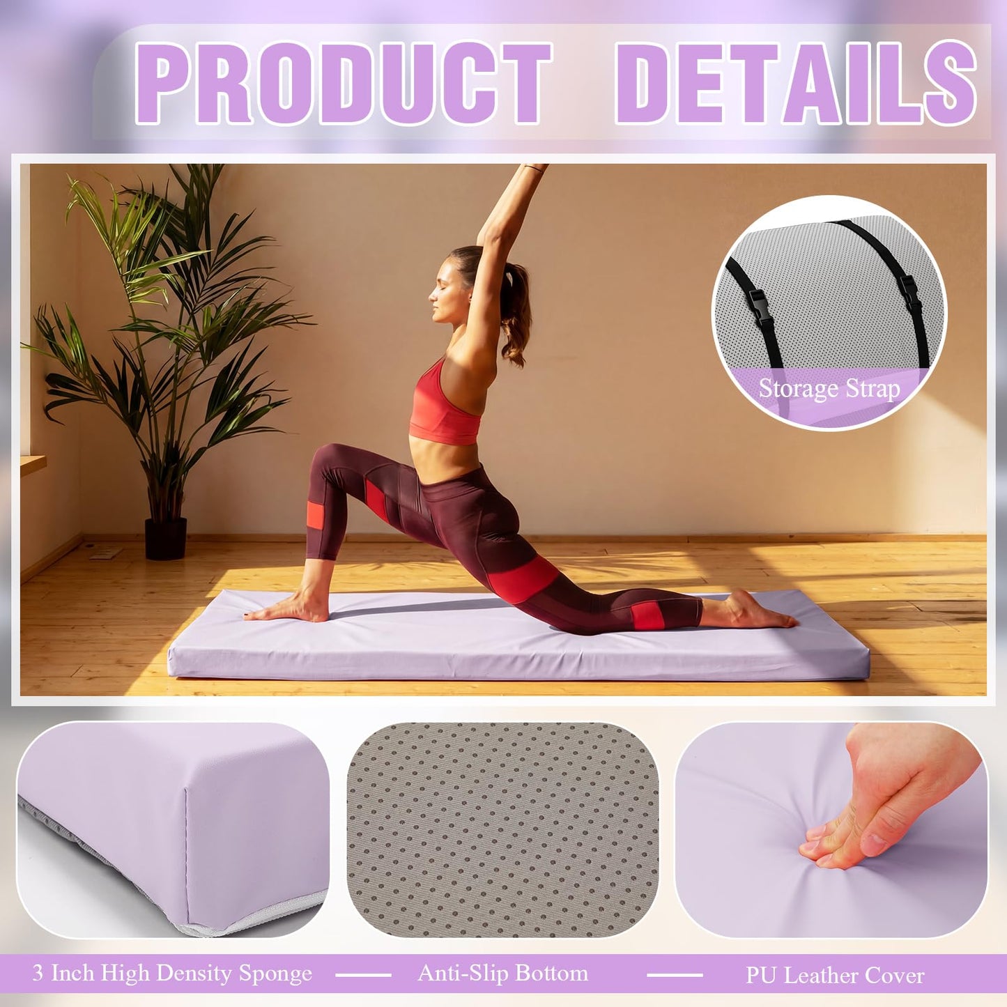 Lyrow 3 Inch 72"x 24" Thick Foldable Yoga Mat with Carry Strap, Non-slip Portable Foam Gym Mat for Yoga, Pilates and Stretching(Taro Purple)