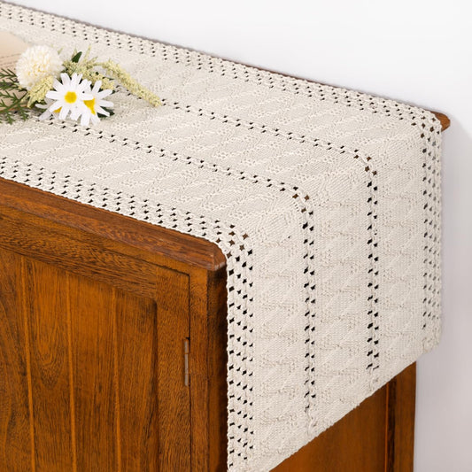 Socomi Boho Table Runner Summer Farmhouse Rustic Macrame Seasonal Long Woven Cotton Linen Small Coffee Dining Kitchen Table Runner for Dresser Scarf Holiday Home Decor 36in Beige