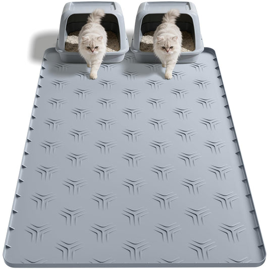 JUJOMAT Cat Litter Box Mat, 34"×22" Waterproof Silicone Cat Litter Trapping Mat Non-Slip Gray Kitty Litter Mat for Indoor Cats, Rubber Pet Food Mats with Lip Easy to Clean & Soft