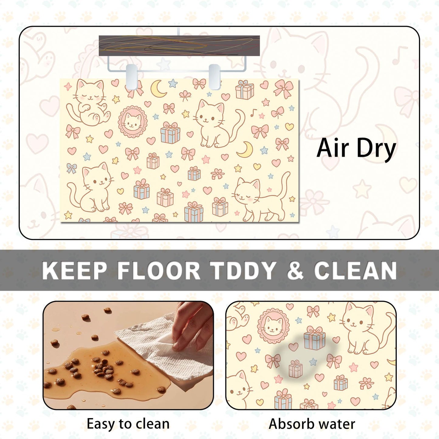 HOMETITUTE Cute Cat Pet Feeding Mat Adorable Kitten Food Placemat with Gift Bow and Star Print for Dogs and Cats Sweet Non Slip Mat for Dog Cat Food and Water Bowls Home Kitchen Decoration 20" x 12"