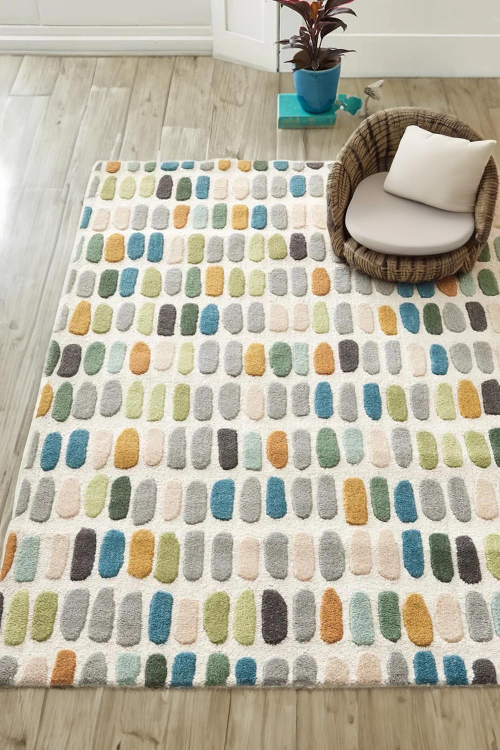 RugsBazaar Handmade Wool Area Rug with Capsule Design – Non-Slip Natural Cotton Backing – Anti-Skid Carpet for Living Room and Bedroom (Multi B, 5' x 8')