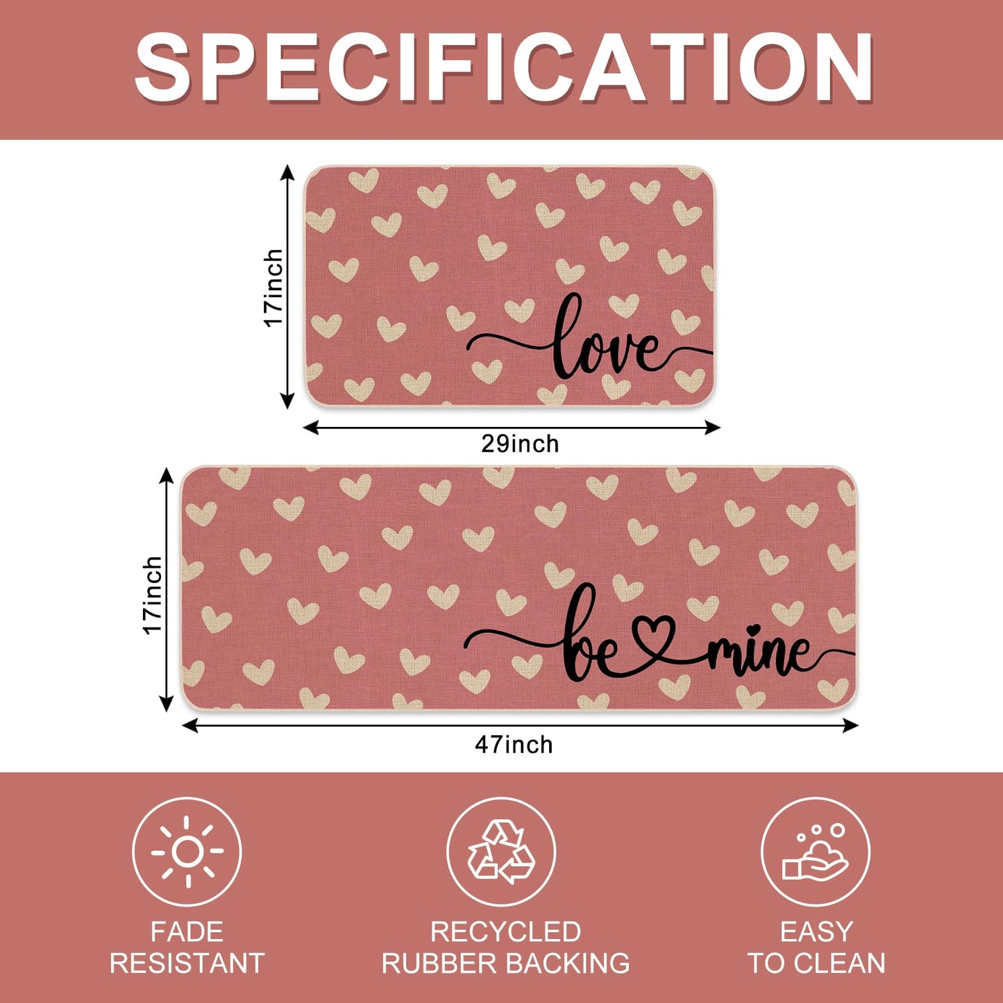 JarThenaAMCS 2 Pcs Pink Love Heart Valentine's Day Kitchen Mat White Heart Kitchen Rug Non Slip Rectangle Doormat Floor Mat for Home Entrance Porch Decoration,17 x 29 and 17 x 47 Inch