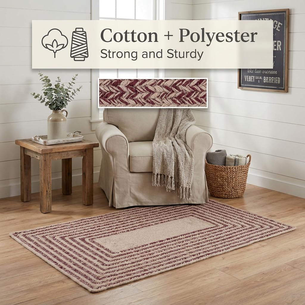 Cotton Braided Rug - 3' X 5' Beige and Burgundy Rectangle Woven Farmhouse Rug for Kitchen - Braided Minimalist Rugs for Entryway - Rustic Primitive Rugs for Bedside