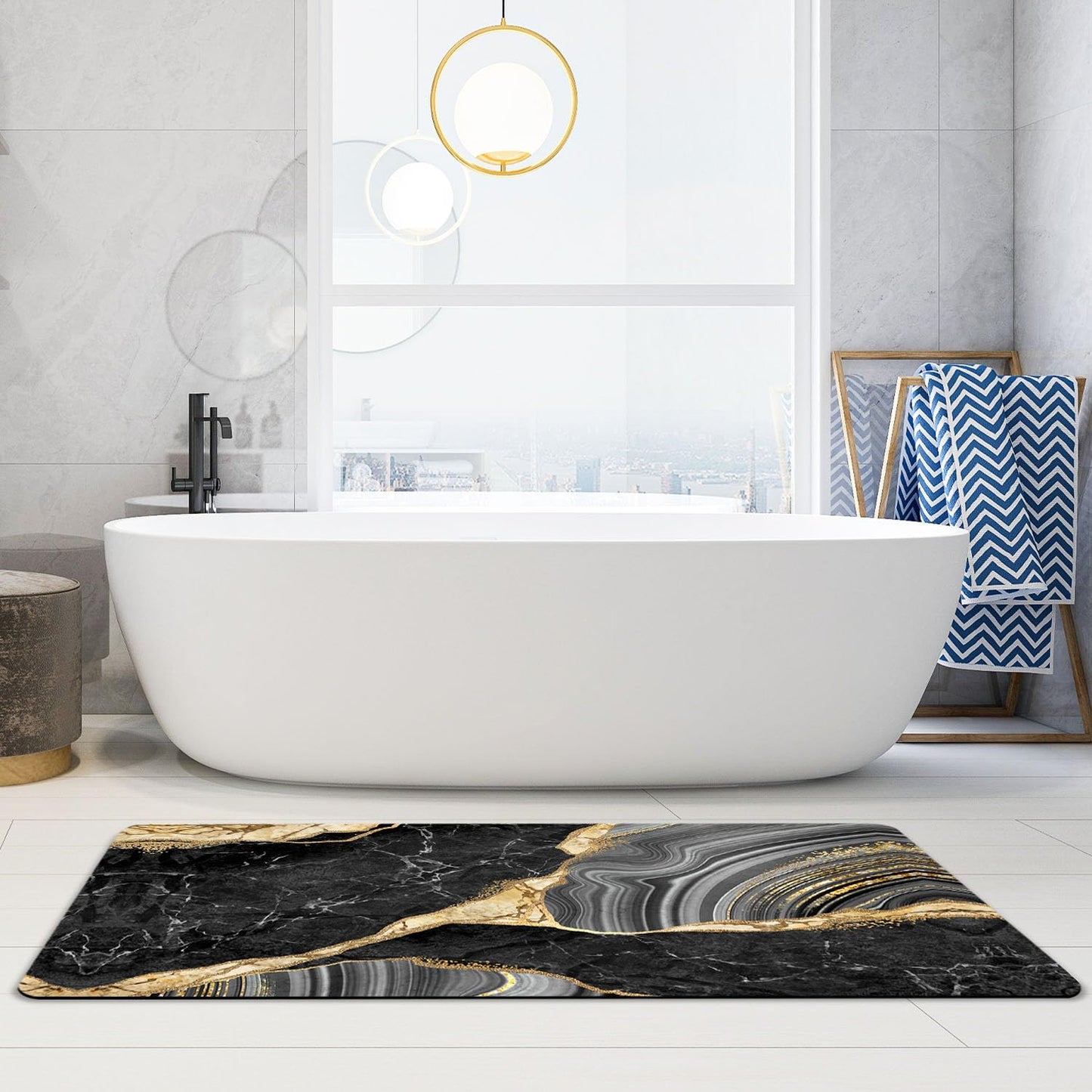 TESIQIMT Bathroom Rug,Black Gold Marble Bath Rug,Home Decor Non-Slip Floor Mat,Mud Mat for Indoor and Outdoor,17.5X42Inch