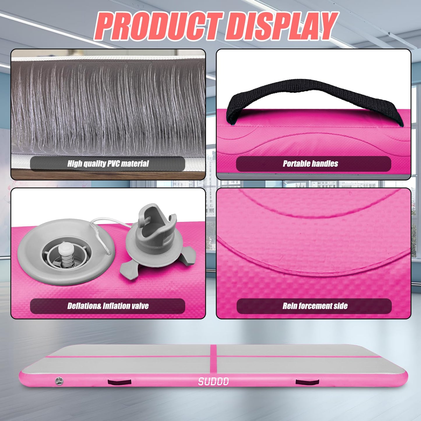 SUDOO 10ft Inflatable Air Gymnastics Mat 4" Thick PVC Waterproof Air Tumble Track Training Mat for Home Use, Gym, Yoga, Training, Water No Pump