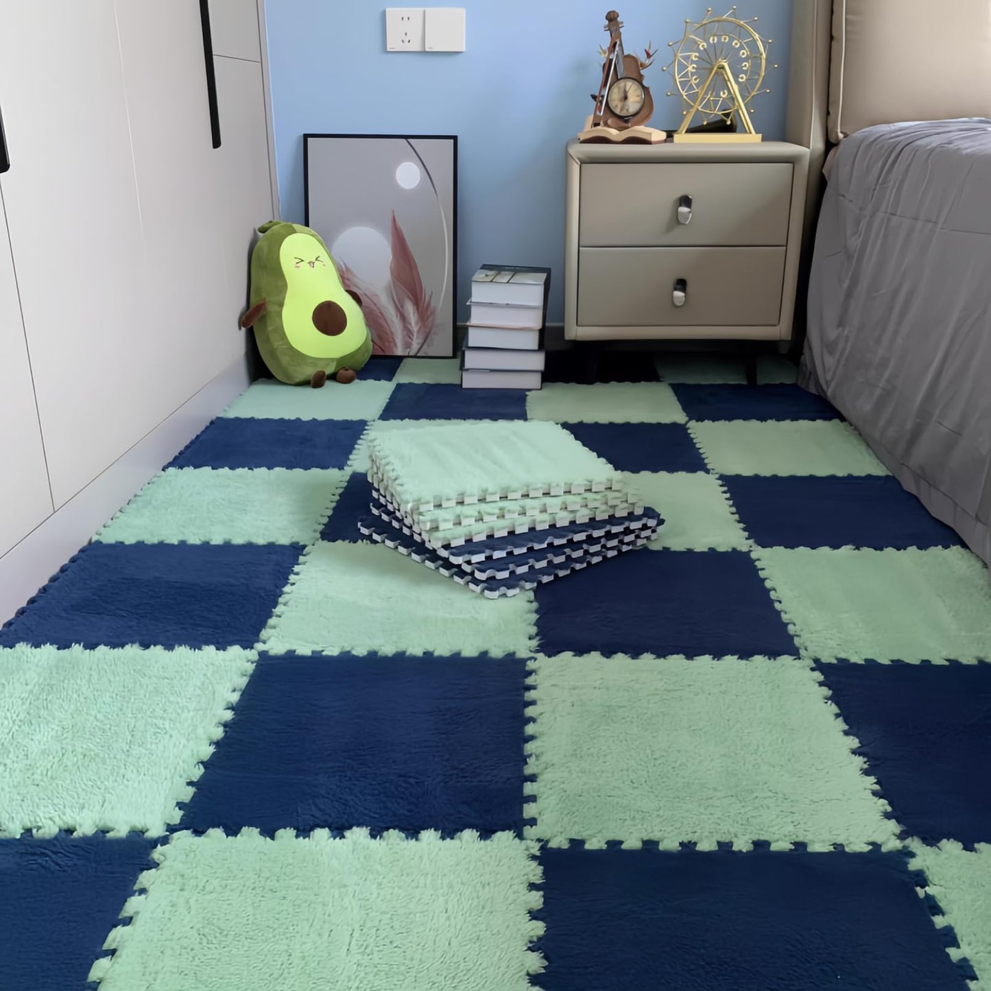 Jaderlu 16pcs 0.6" Thickened Interlocking Tile Mats,Fluffy Shaggy Soft EVA Foam Area Rug for Living Room&Bedroom,Non-Slip Protective Floor Carpet Play Mat Kids Baby Dorm Home Decor 11.8ft (Navy Blue)