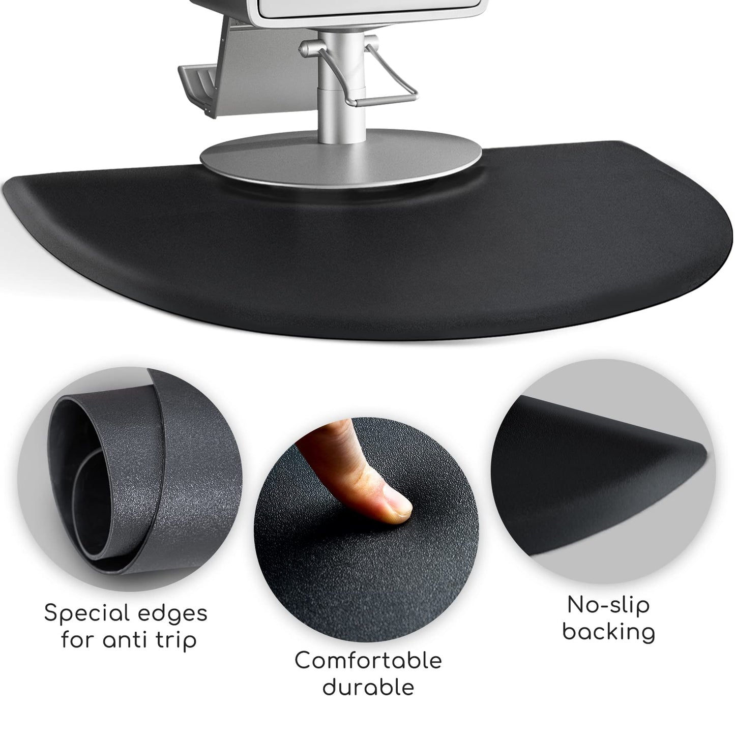 Salon Barber Chair Mats for Hair Stylist Anti Fatigue Standing 3'x4' Salon Floor Mats - Black Semi Circle Hairstylist Mat for Salon Chair - 1/2" Thick Comfort Hair Cutting Hairdressing Equipment