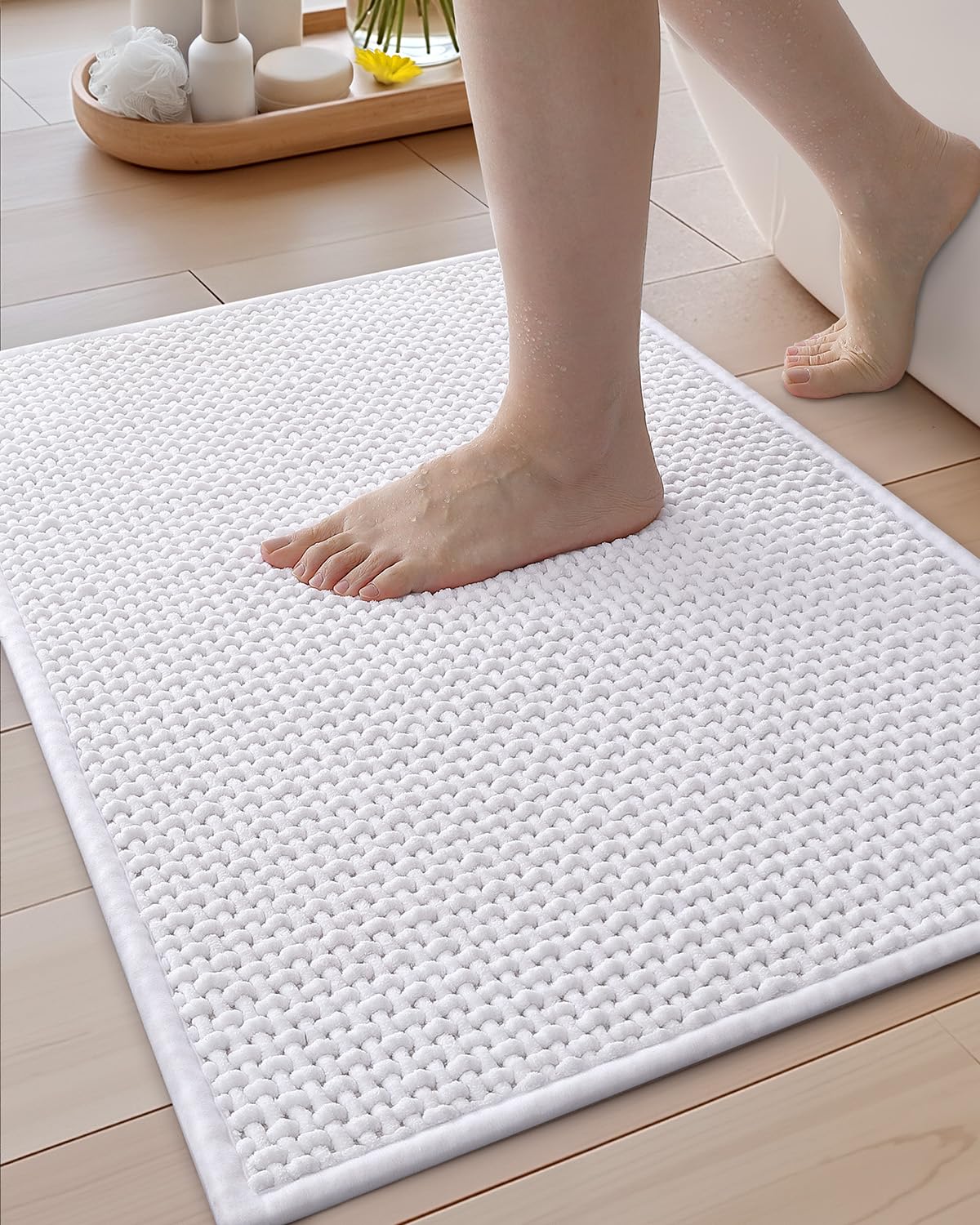 Color&Geometry Chenille Pile Small Bathroom Rugs Upgraded Denser, 16"x24" Non Slip Absorbent White Bath Mats for Bathroom Thin Fit Under Door, Washable Quick Dry