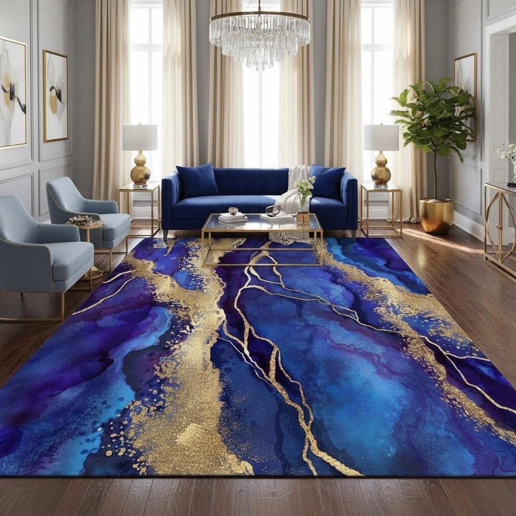 Royal Blue Gold Marble Texture Modern Abstract Area Rug for Living Room Bedroom Guestroom Faux Wool Washable Carpet Non Slip Under Dining Room Coffee Table Art Deco Floor Rug 4x6 Lux Office Dorm Mat