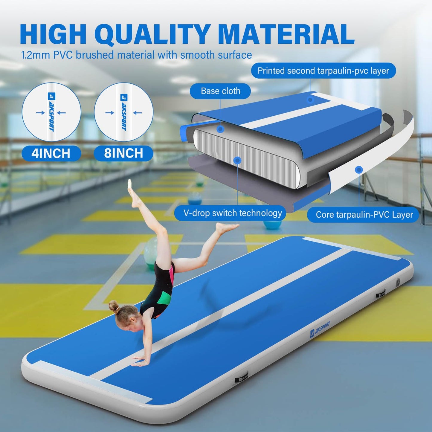 AKSPORT Air Mat Tumble Track 10ft 13ft 16ft 20ft Gymnastics Tumbling Mat Inflatable Tumble Track with Electric Air Pump for Home Use/Tumble/Gym/Training/Cheerleading (double blue, 13x3.3ftx0.33ft)