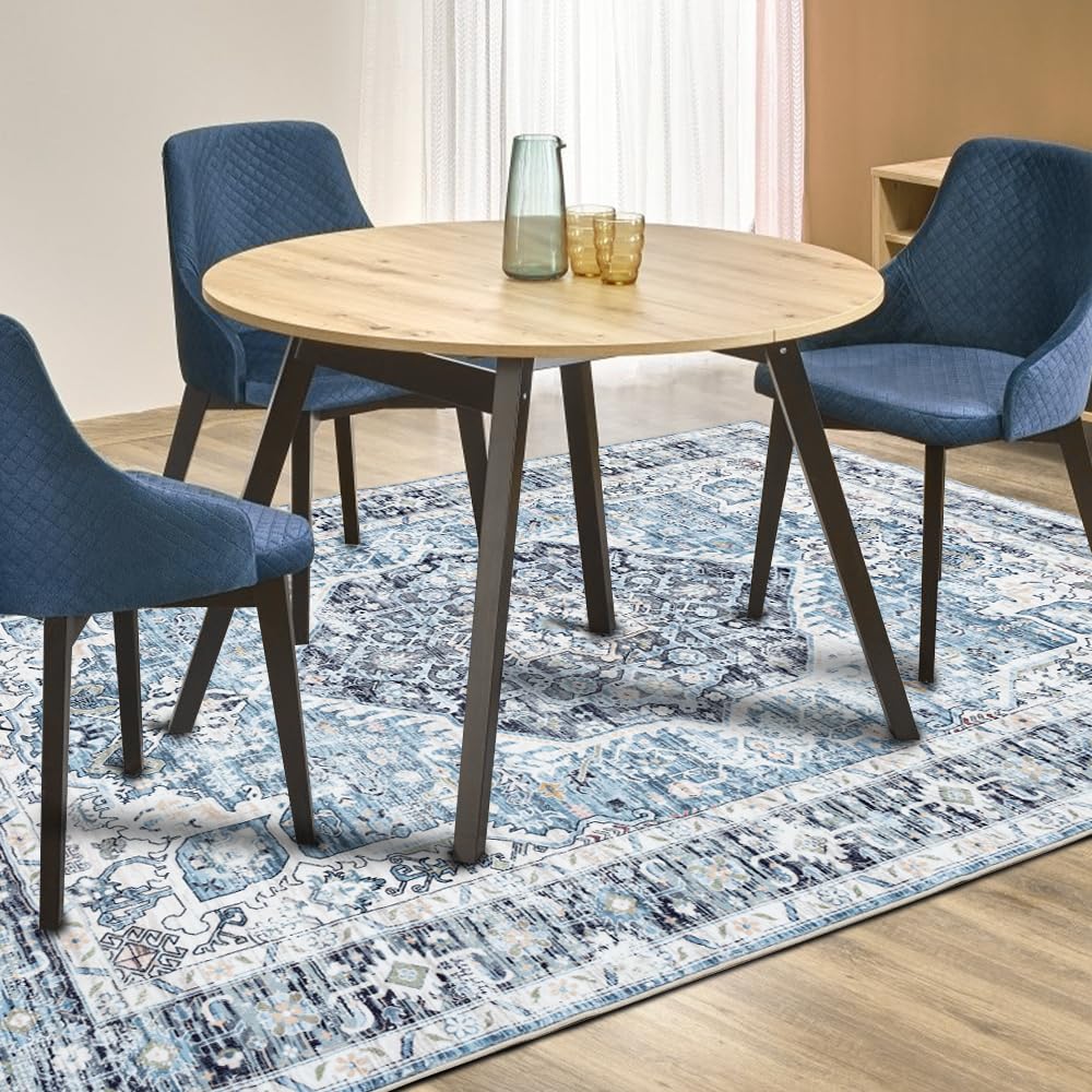 Domitapis Area Rug 8×10, Large Vintage Boho Rug,Ultra-Soft Low Pile, Washable, Non Slip,Stain Resistant, Printed Carpet for Living Room Bedrooms Playroom Office Kitchen, Light Blue