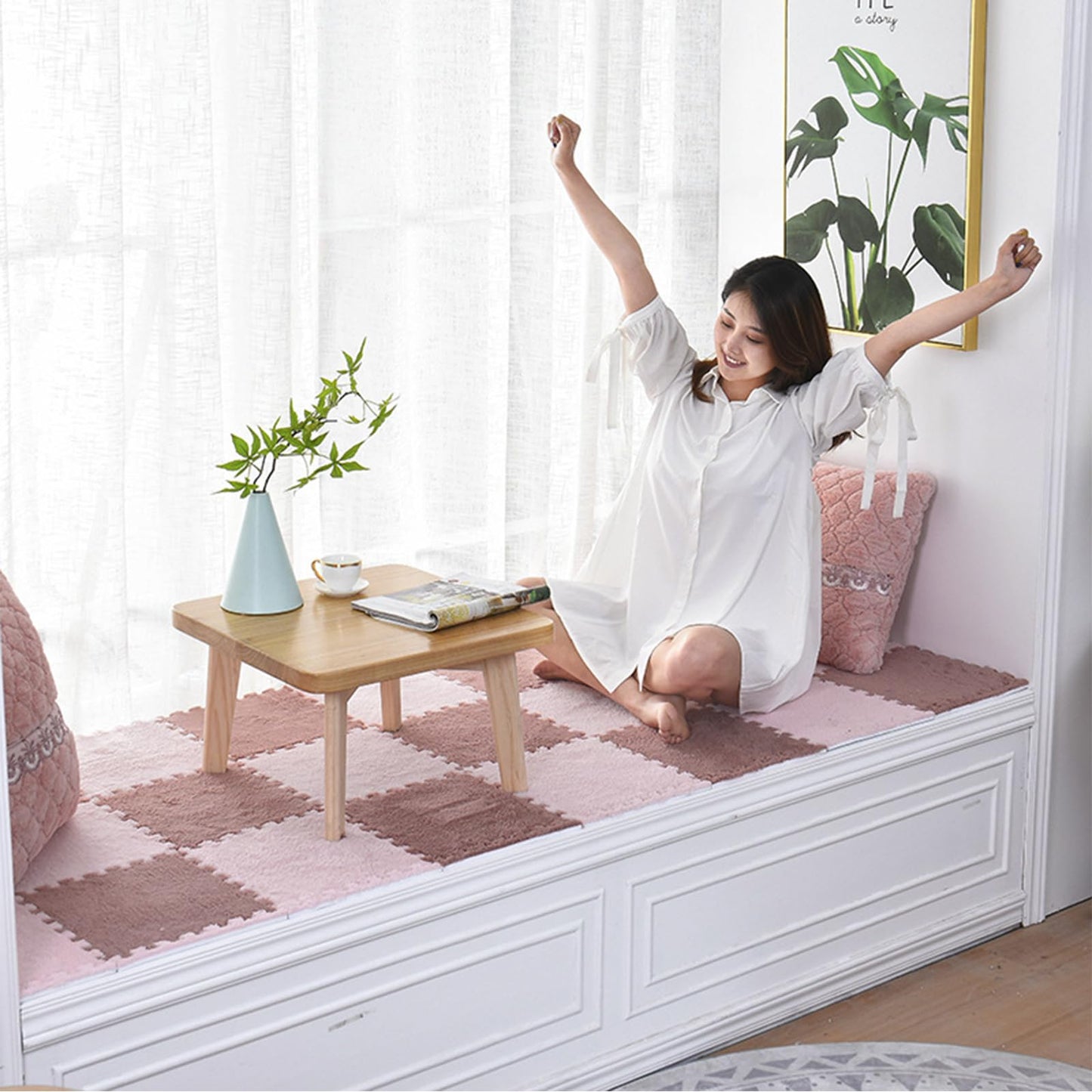 10pcs Plush Puzzle Foam Floor Mat,Soft Fluffy Interlocking Square Foam Tiles Area Rugs Carpet for Parlor Bedroom Decor