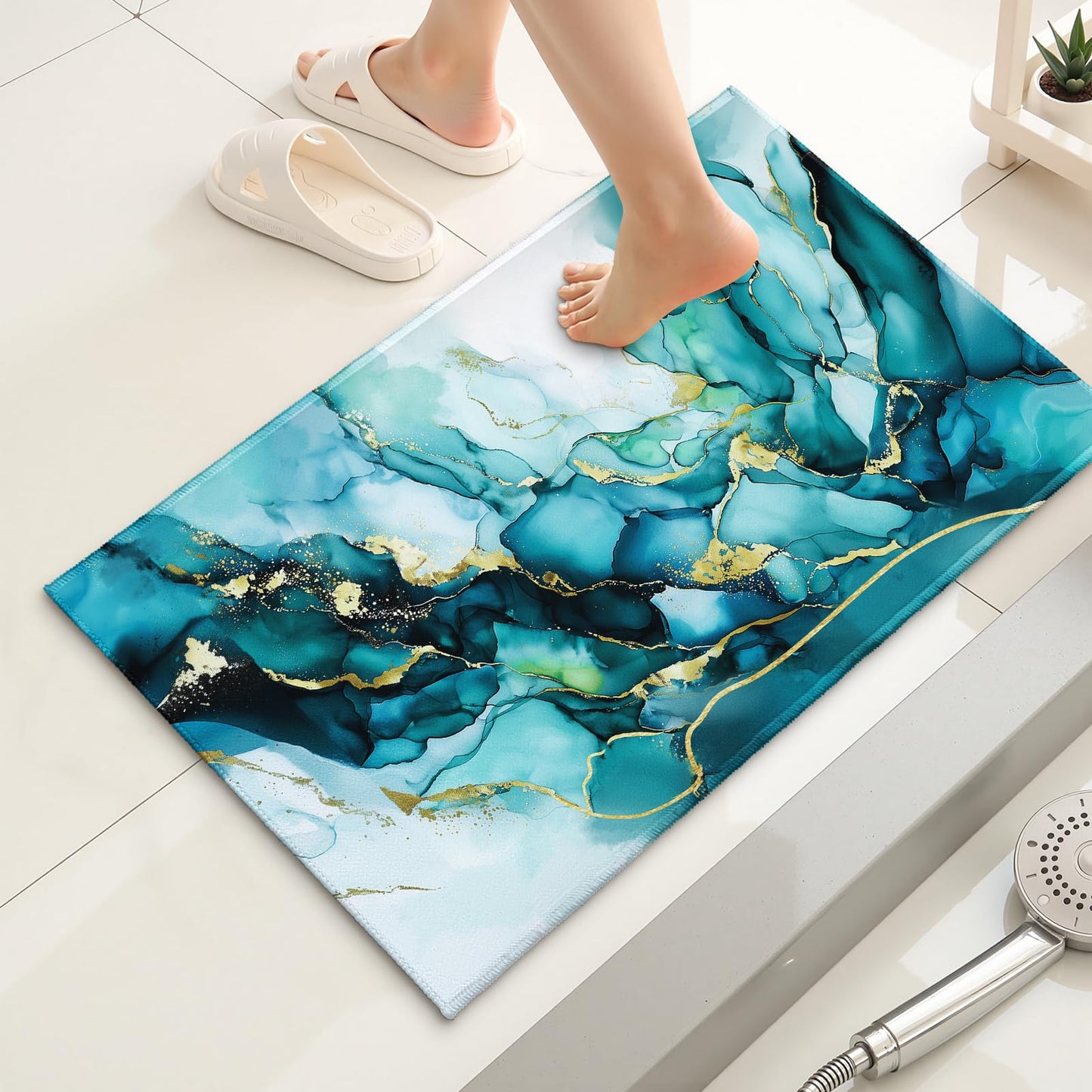 Evlaschin Teal Blue Marble Bath Rug, Abstract Marbling Print Bathroom Mats 32x20 Inch, Luxury Turquoise Gold Non-Slip Absorbent Bathroom Rugs for Bedside Shower Room Bathtub Kitchen Sink