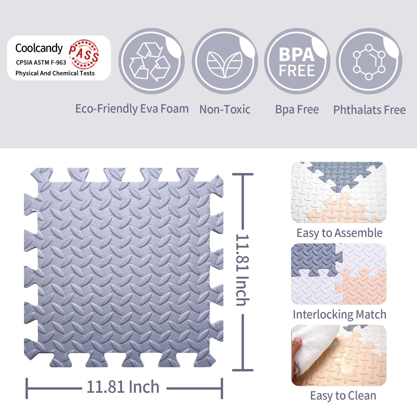 Coolcandy Baby Foam Play Mat 16Pcs with Edge Strips, 4 Colors Interlocking Floor Tiles, 0.4″ Thickened Non-Slip Puzzle Floor Mat for Infants Toddlers Playroom & Daycare