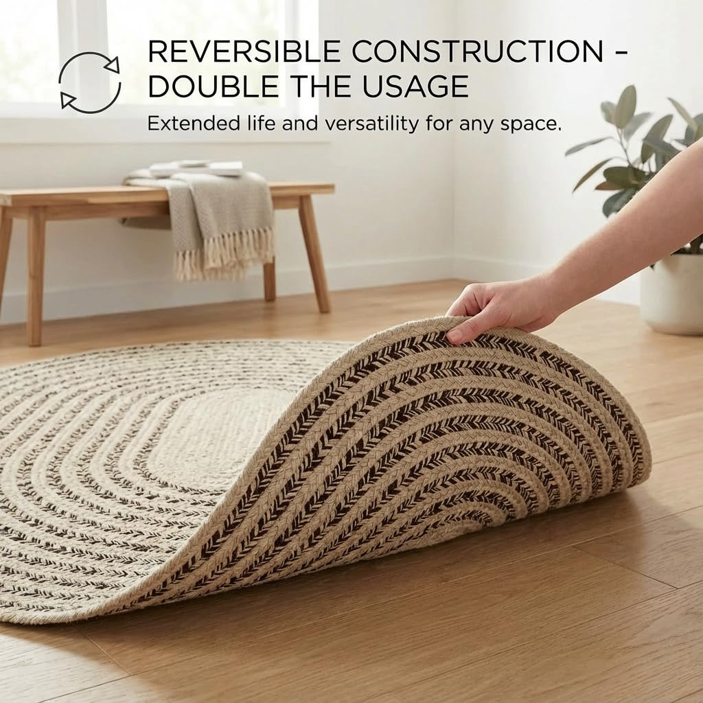 Cotton Braided Rug - 4' x 6' Beige and Brown Oval Woven Farmhouse Rug for Bedroom - Braided Minimalist Rugs for Living Room - Rustic Primitive Rugs for Breakfast Nook