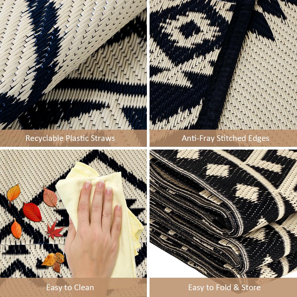 LILIOFFIC Outdoor Rug Waterproof 5x8 ft Outdoor Carpet Patio Rug Mat Reversible RV Camping Rug Plastic Straw Rug Outside Outdoor Area Rug for Patio Deck Balcony Backyard Picnic Beach Black & Beige