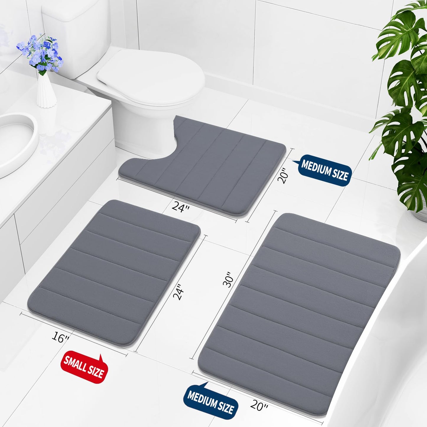 Buganda Memory Foam Bath Mat, 44" x 32", Ultra Soft and Non-Slip Bathroom Rugs, Water Absorbent and Machine Washable Bath Rug for Bathroom, Shower, and Tub, Dark Grey