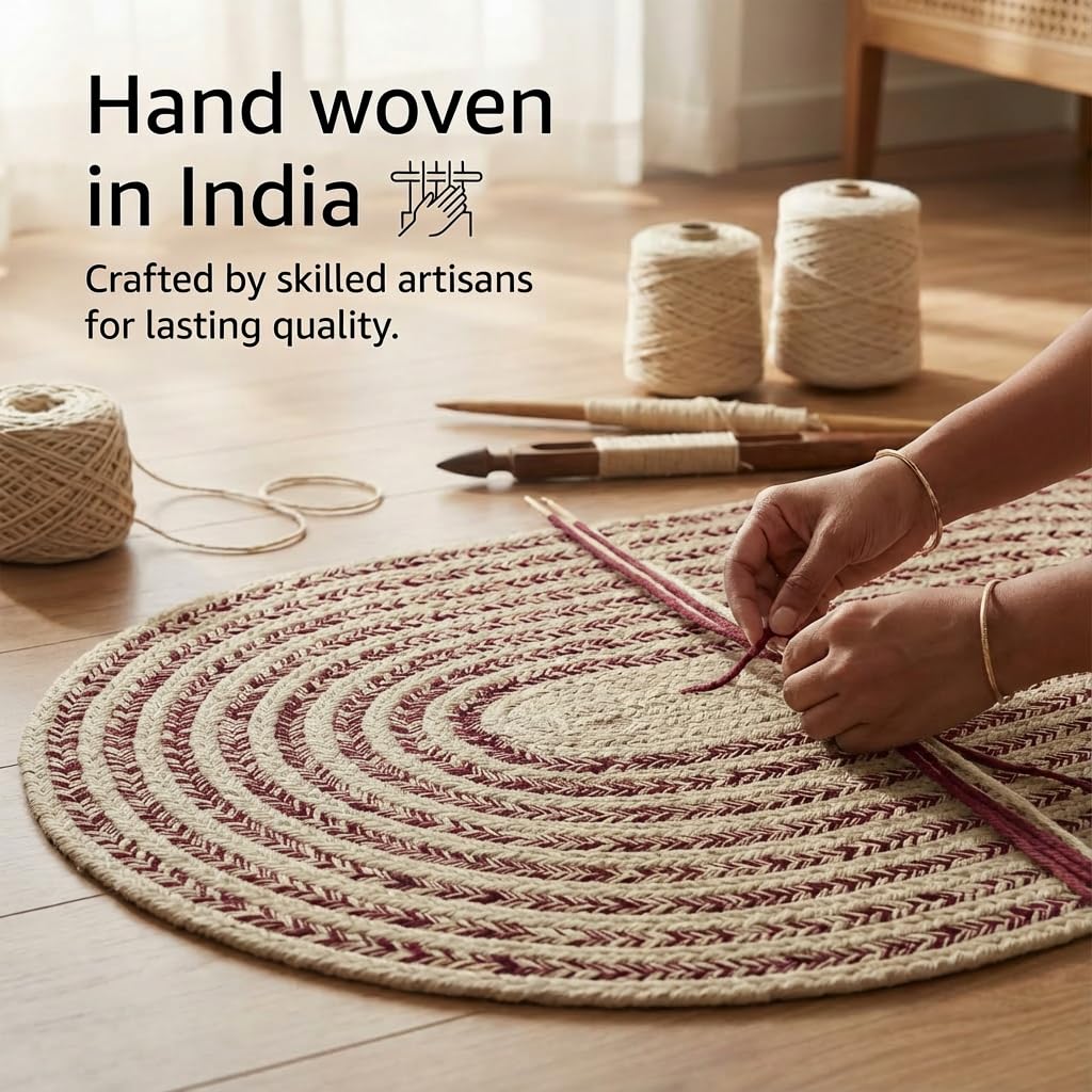 Cotton Braided Rug - 5' x 7' Beige and Burgundy Oval Woven Farmhouse Rug for Living Room - Braided Minimalist Rugs for Bedroom - Rustic Primitive Rugs for Dining Room