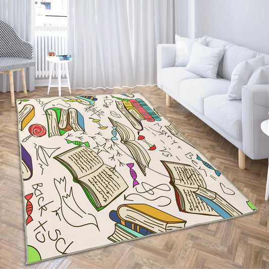 LOKMU Non-Slip Area Rugs Library Comic Doodle of Books Reading Home Decor Rugs Carpet for Classroom Living Room Bedroom Dining Kindergarten Room 5'x7'