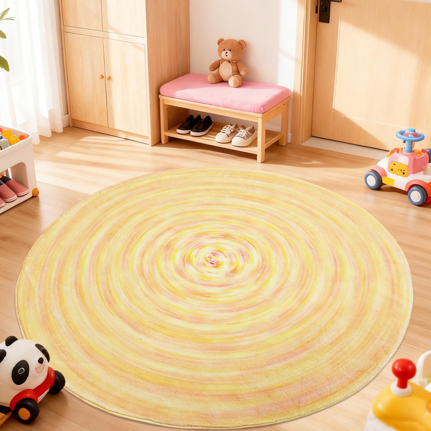 Lacomfy Kids Rug 5.2Ft Round Play Carpet for Boys Girls Bedroom Nursery, Soft Playroom Rug for Toddlers Children, Neutral Modern Abstract Mat for Dorm Bedside Living Room Indoor Decor, Yellow Gradient