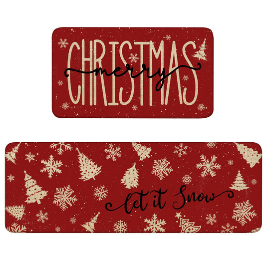 Red Christmas Kitchen Mats Set of 2, Linen Xmas Kitchen Rugs, Merry Christmas & Let It Snow Design, Non-Slip Floor Mats for Kitchen, Entryway Christmas Decor 17x30+17x47 Inch