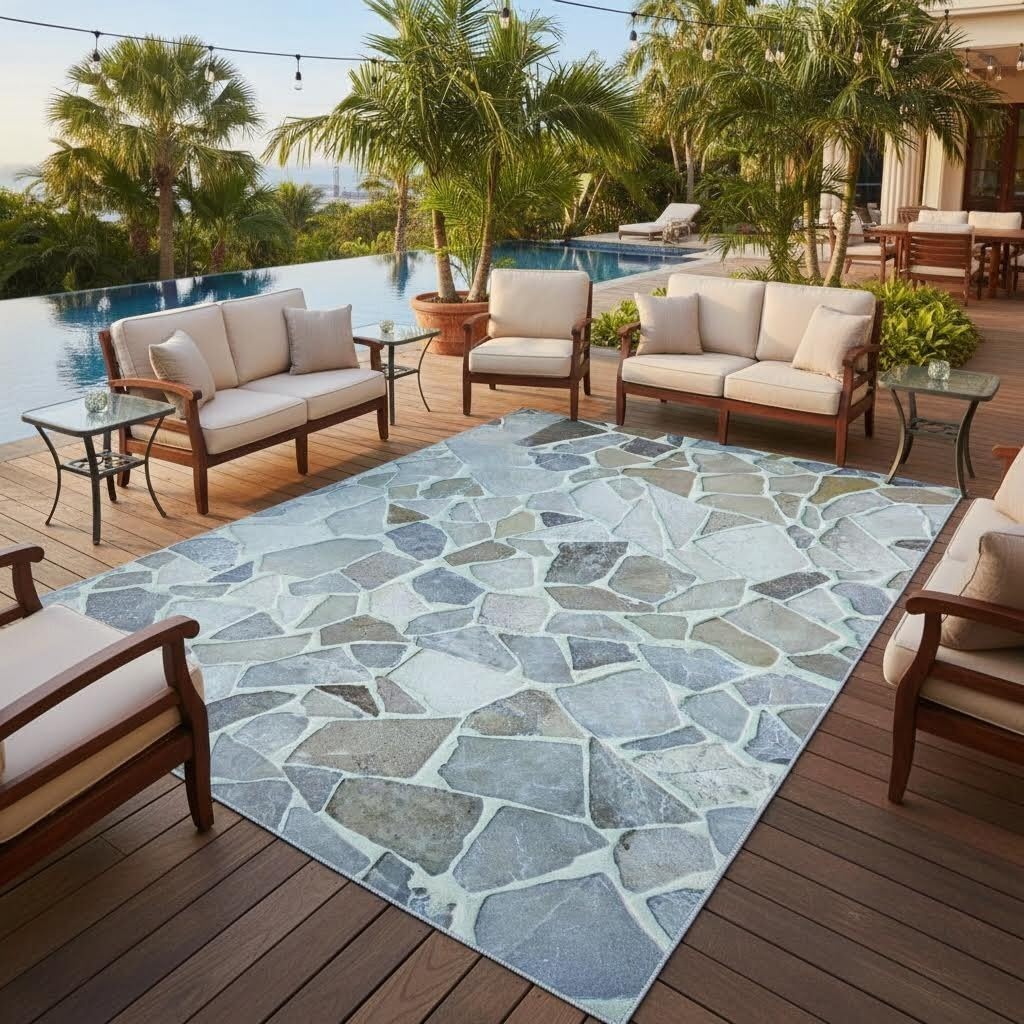 Rustic Stone Rock 5x7 Outdoor Patio Rug for Balcony Deck Garden Camping Pool RV Floor Carpets 3D Visual Illusion Home Deco Machine Washable Non Slip Waterproof Lightweight Low Pile Outside Rugs