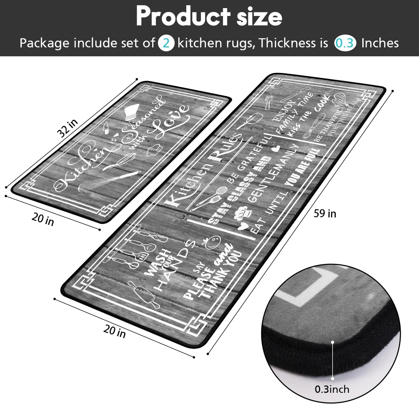 Kitchen Rug Sets of 2 Piece Non Slip Kitchen Rugs and Mats Washable Kitchen Mats for Floor Kitchen Carpet Runner Rugs Decor for Laundry Bathroom Living Room,Grey Kitchen Rules 20"x 59"+20"x 32"