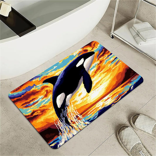 ZHUZHISHAN Bath Mat Rug,Mosaic orca Whale Non Slip Quick Dry Super Absorbent Thin Bathroom Rugs Fit Under Door-Easy to Clean Bathroom Floor Mats-Shower Rug for Shower Sink Bathtub(16" x 24"in)