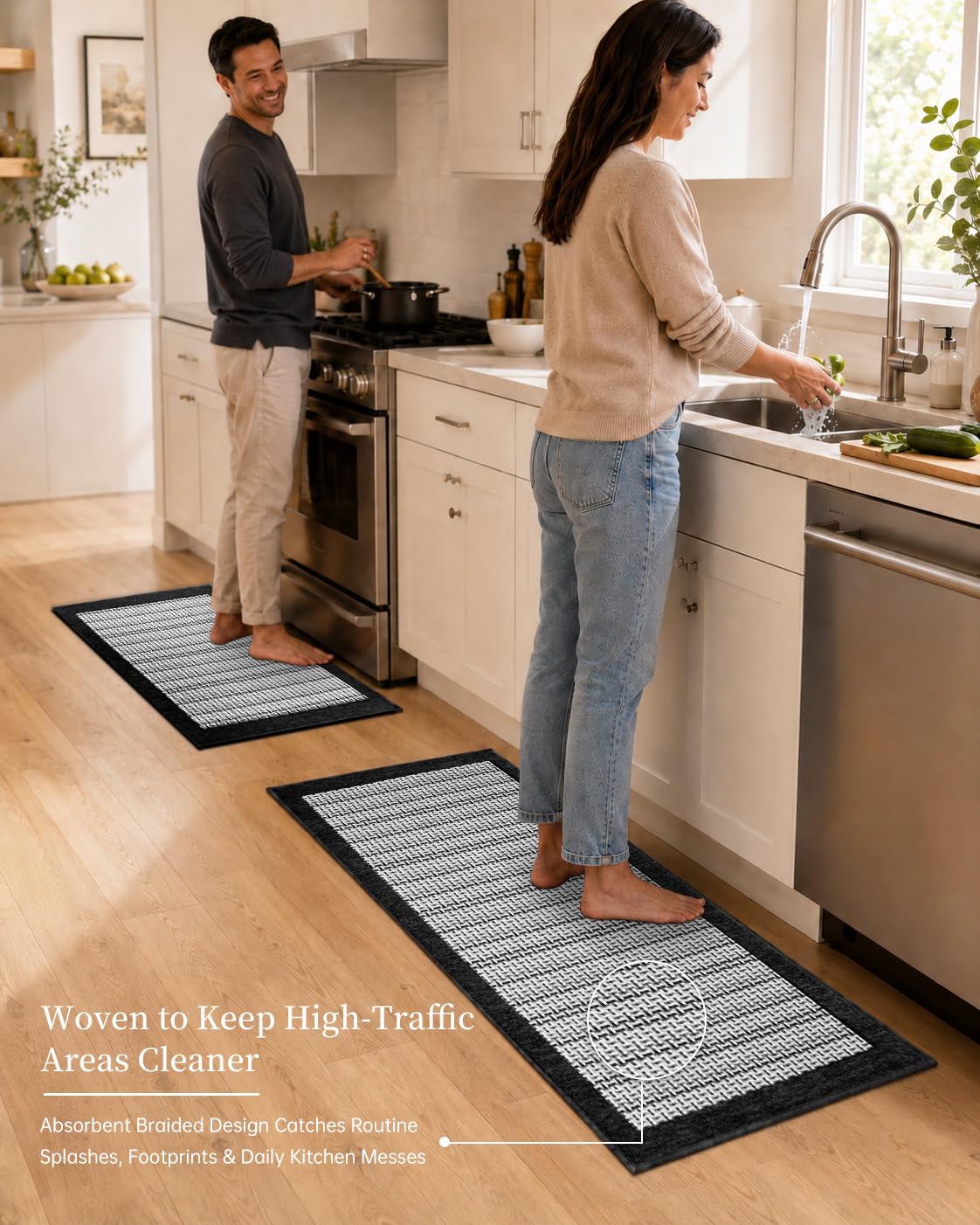 eqivei Kitchen Rugs, Non Slip Washable Kitchen Mat Set of 2, 47"x20"+31"x20", Absorbent Runner Rugs with Rubber Backing for Front of Sink, Kitchen Floor, Laundry Room (Black)