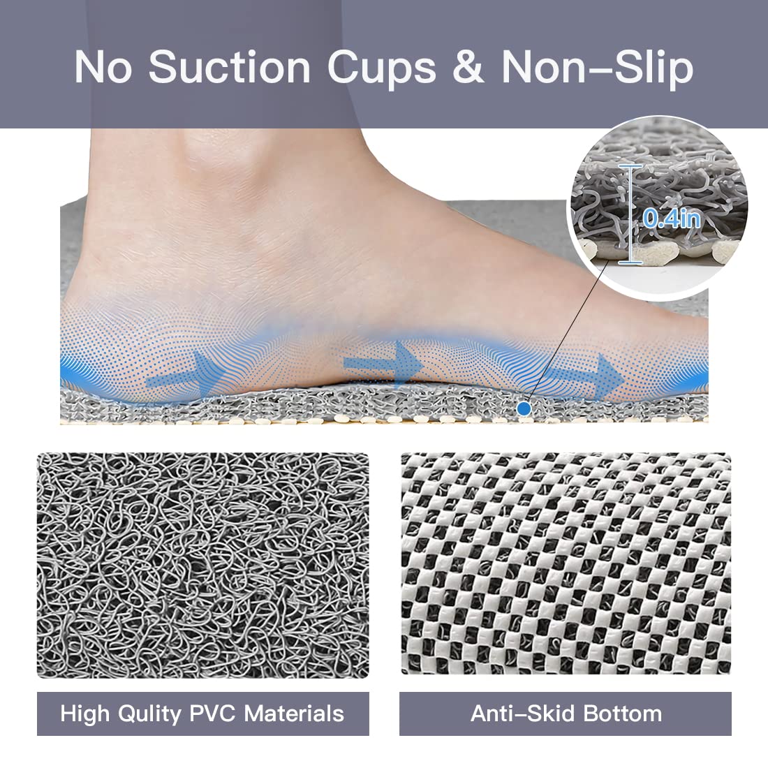 Shower Mat Non Slip,Soft Bath Mat with Drain,Quick Drying PVC Loofah Bathtub Mat for Bathroom,Without Suction Cups,24 x 24 Inch (Grey)