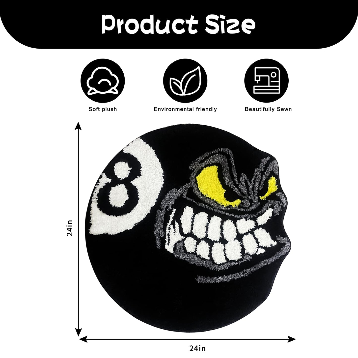 Angry 8 Ball Rug, 24" Cool Rugs for Bedroom Men, Black Round Area Rug for Man Cave, High-Pile Flocking Soft Aesthetic Carpet for Living Room Decor, Hypebeast Room Decor