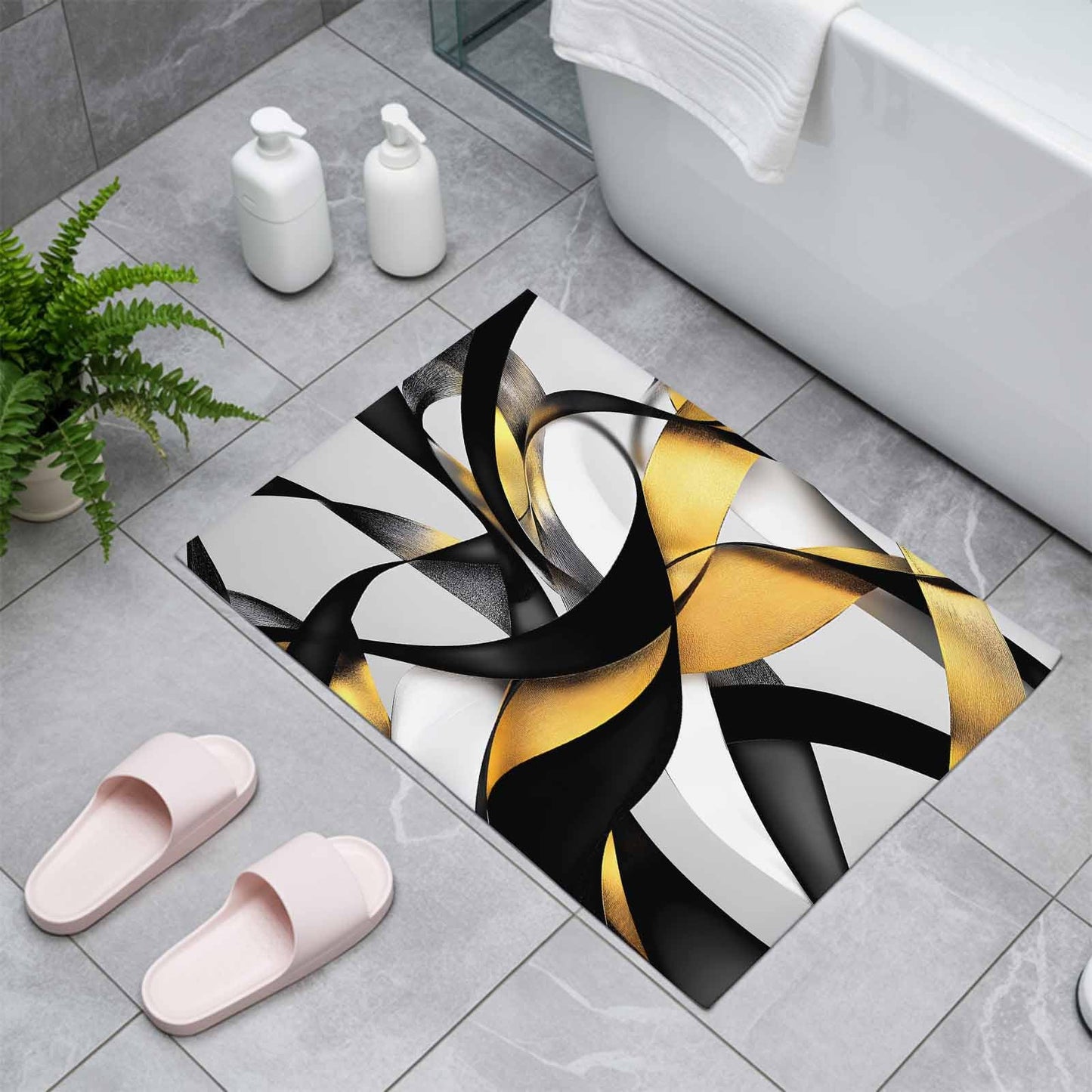 Door Mat, Modern Geometric Stripe Texture Front Door Mat Welcome Mats, Low-Profile Doormat for Bedroom Living Room, Abstract Gold Black White Line Absorbent Non-Slip Entryway Rug Floor Mats 16x24in
