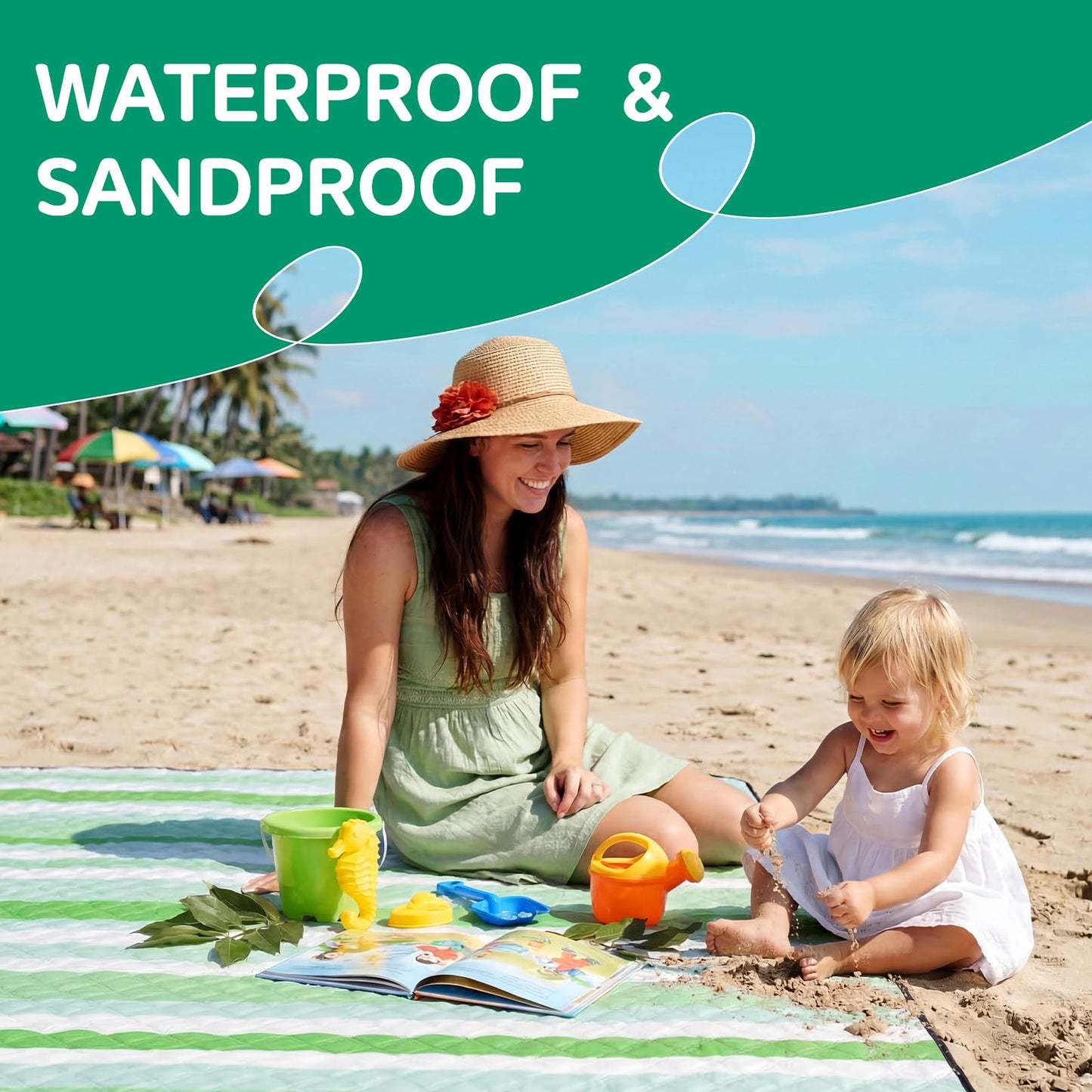 RYCHIC Waterproof Picnic Blanket Beach Mat Outdoor Outside Carpet Thick Rug Towel Kids Activity Playmat Oversized Cute Match Table Bag Basket Set Ground Cover Park Lawn Summer Vacation Essential