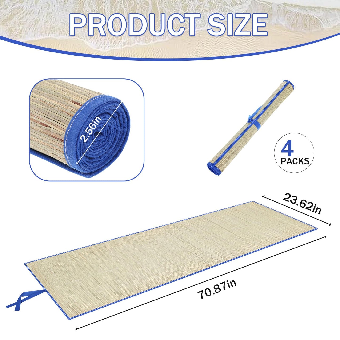 BOUTICOL 4 Pack Natural Straw Beach Mat, Multi-Purpose Non Slip Foldable Beach Mat with Trim and Portable Handle for Summer Tanning Camping Picnics Floor Yoga Festivals Outdoor Activities