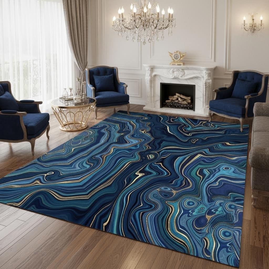 Marble Liquid Swirl Blue Gold Stripe Area Rug 7x10 Contemporary Abstract Art Decor Rug for Living Room Dining Room Playroom Soft Washable Carpet Luxury Chic Home Office Entryway Floor Rug Runner Mat