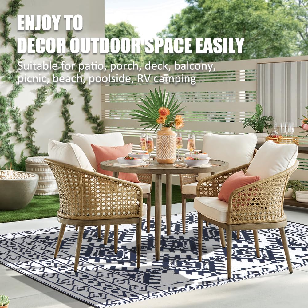 Pendolr 5’x8’ Outdoor Rug Waterproof Carpet Patio Mat Outdoor Plastic Straw Rug Camping Rug Reversible Outside Outdoor Area Rug for Balcony Deck Backyard RV Picnic Beach Navy&White 03#