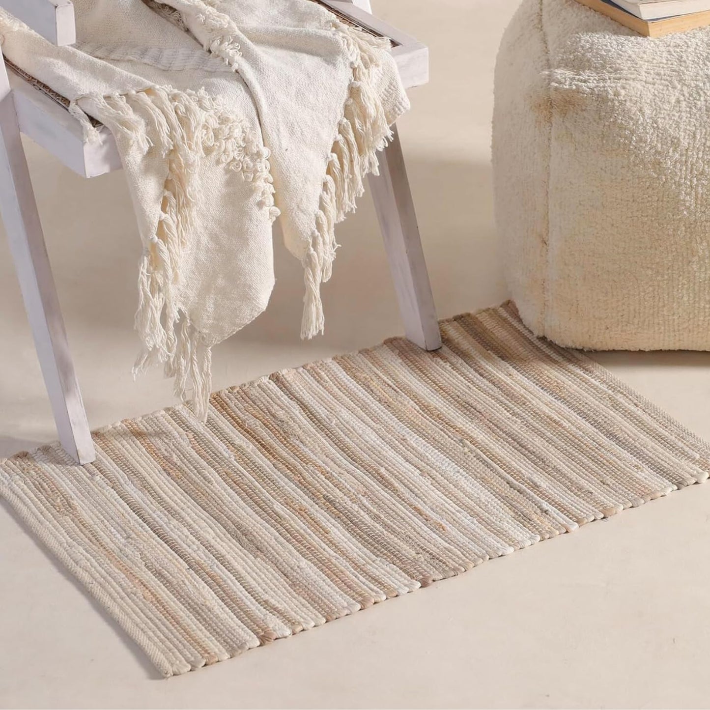 HOMEMONDE Beige Chindi Rug 20"x32" Recycled Soft Cotton Rag Rug Hand Crafted Reversible Boho Decor for Entyrway, Doormat, Kitchen, Bedroom, Living Room