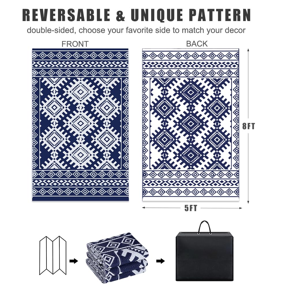 Pendolr 5’x8’ Outdoor Rug Waterproof Carpet Patio Mat Outdoor Plastic Straw Rug Camping Rug Reversible Outside Outdoor Area Rug for Balcony Deck Backyard RV Picnic Beach Navy&White 03#
