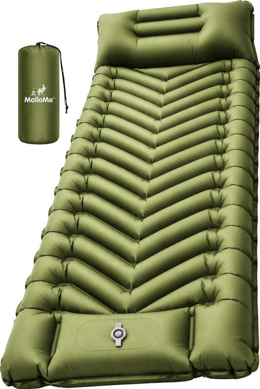 MalloMe Sleeping Pad for Camping, Camping Mattress - Bed for Outdoors Self-Inflating Air Mattress for Backpacking Leak-Resistant Inflatable Travel Mat w/Foot Pump Compact Ultralight Single & Double