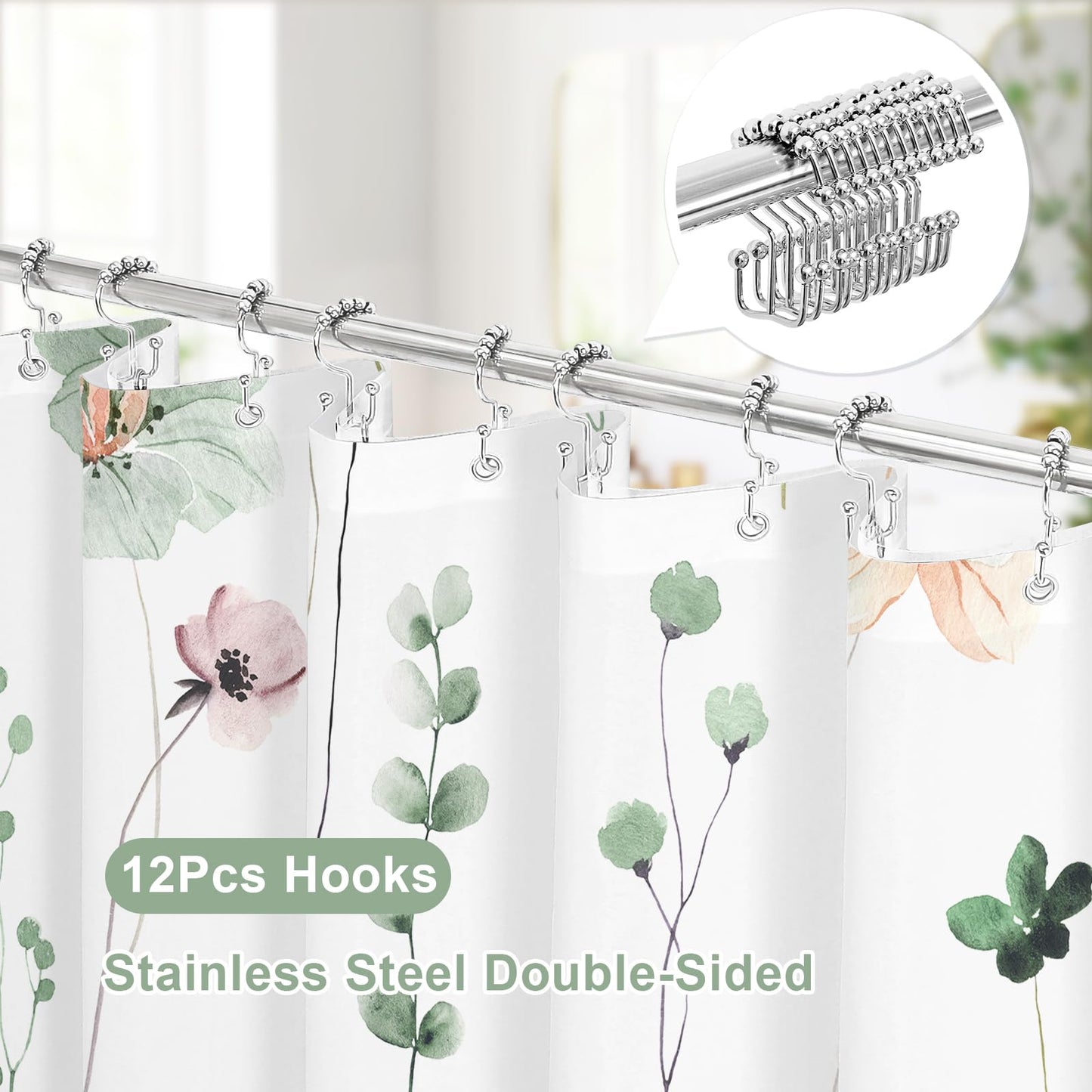 Gibelle Floral Bath Mat Rug (17"x24", Sage Green) 3 in 1 Shower Curtain Set, Sage Green Watercolor Floral Bath Curtain and PEVA Liner Set with 12 Double Sided Steel Hooks,72x72