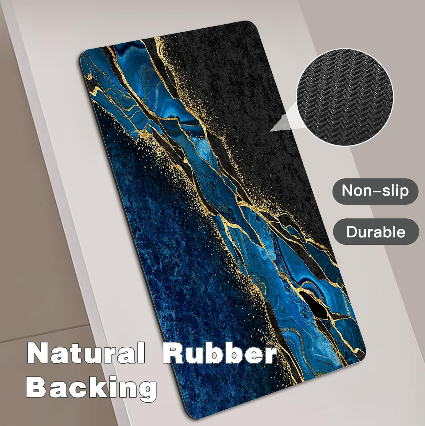 Azppsad Extra Long Bath Rug, Blue and Gold Marble Decoration Non-Slip Bathroom Running Rug with Rubber Backing, Thin Absorbent Quick-Drying Bath Mat for Tub Bathroom Kitchen, 15.7 x 47.2 inches