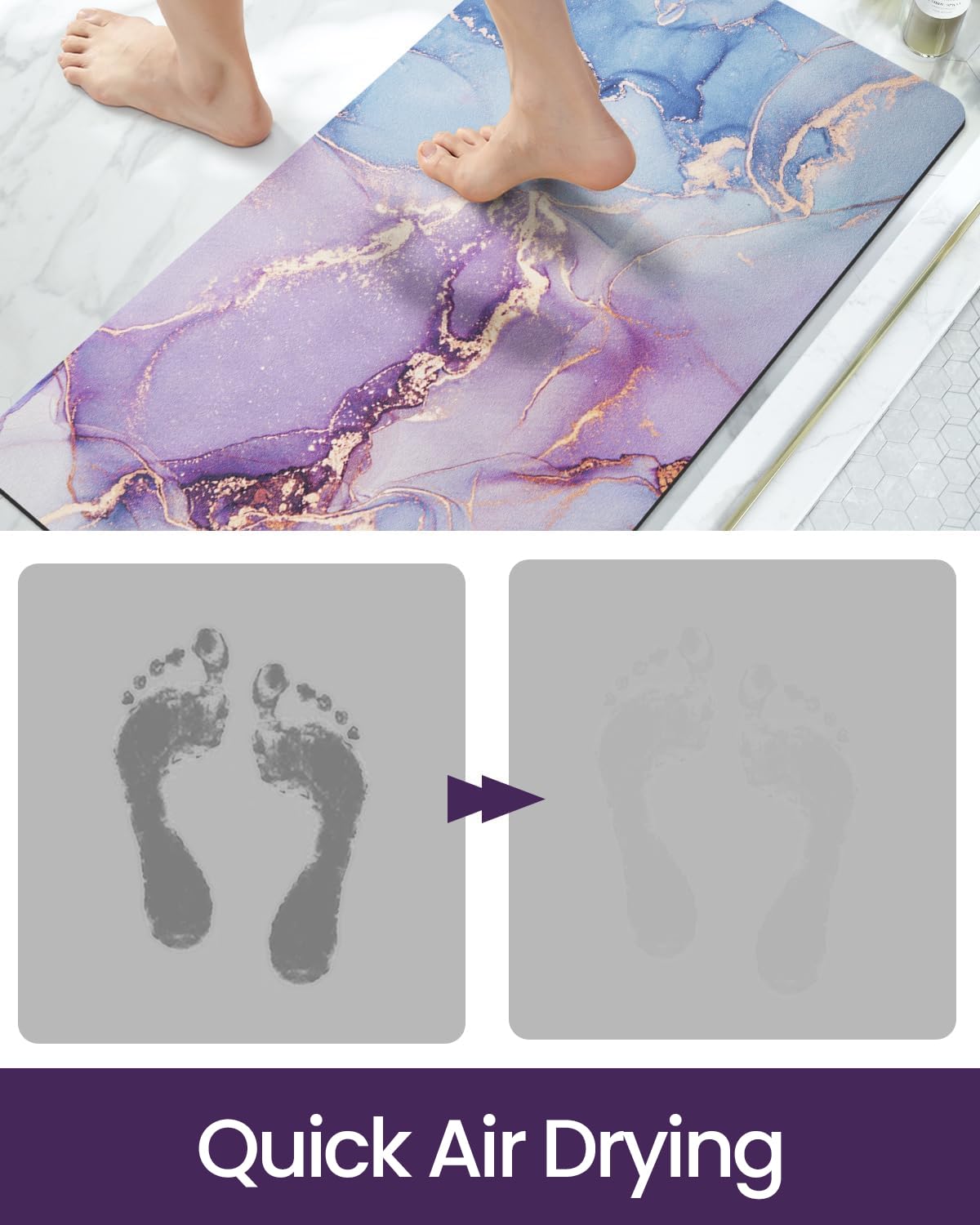 DEXI Bathroom Mat Ultra Thin, Non Slip Bath Rug for Shower Floor, Absorbent Quick Dry Marble Bathmats Low Profile, 24x16, Blue and Purple