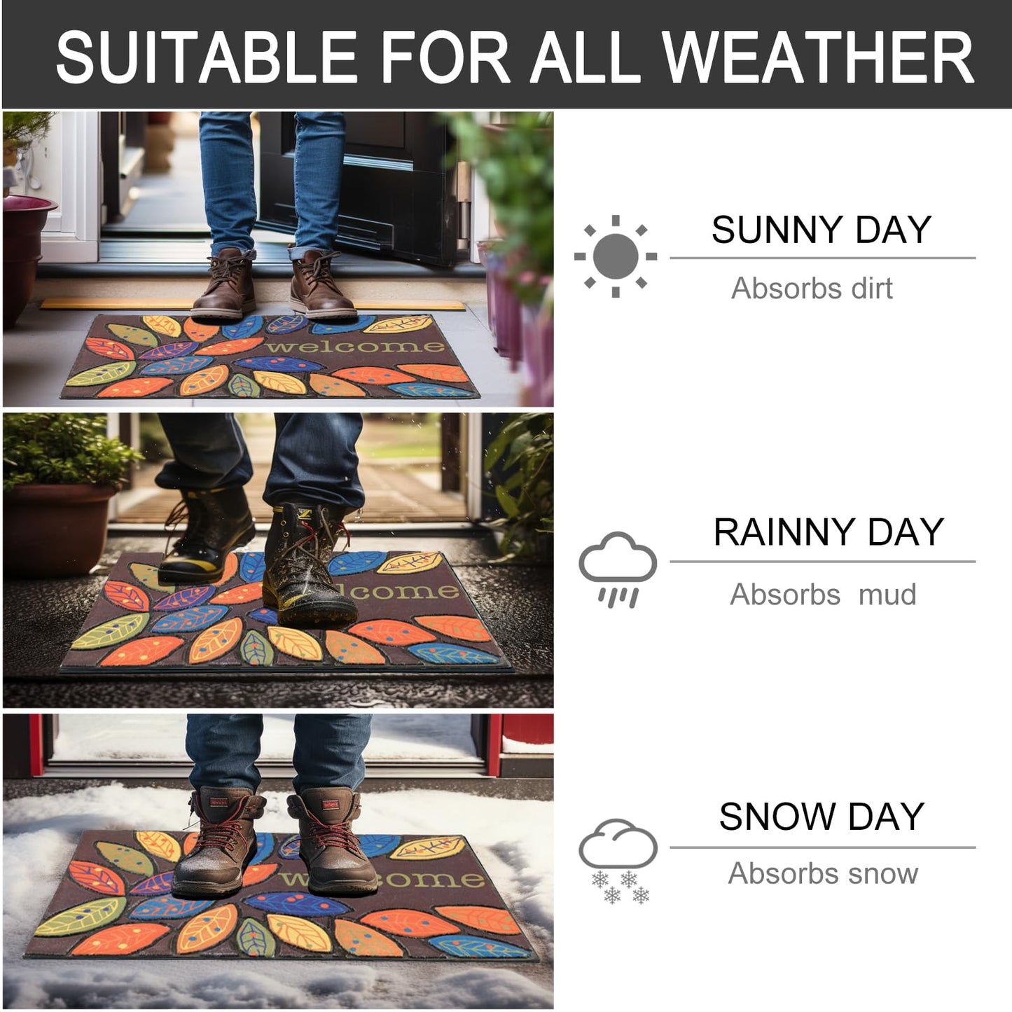 CHICHIC Door Mat, Welcome Mat 17x 30 Inch Front Door Mat Outdoors for Home Entrance Outdoors Mat for Outside Entry Way Doormat Entry Rugs, Heavy Duty Non Slip Rubber Back Low Profile, Leaves