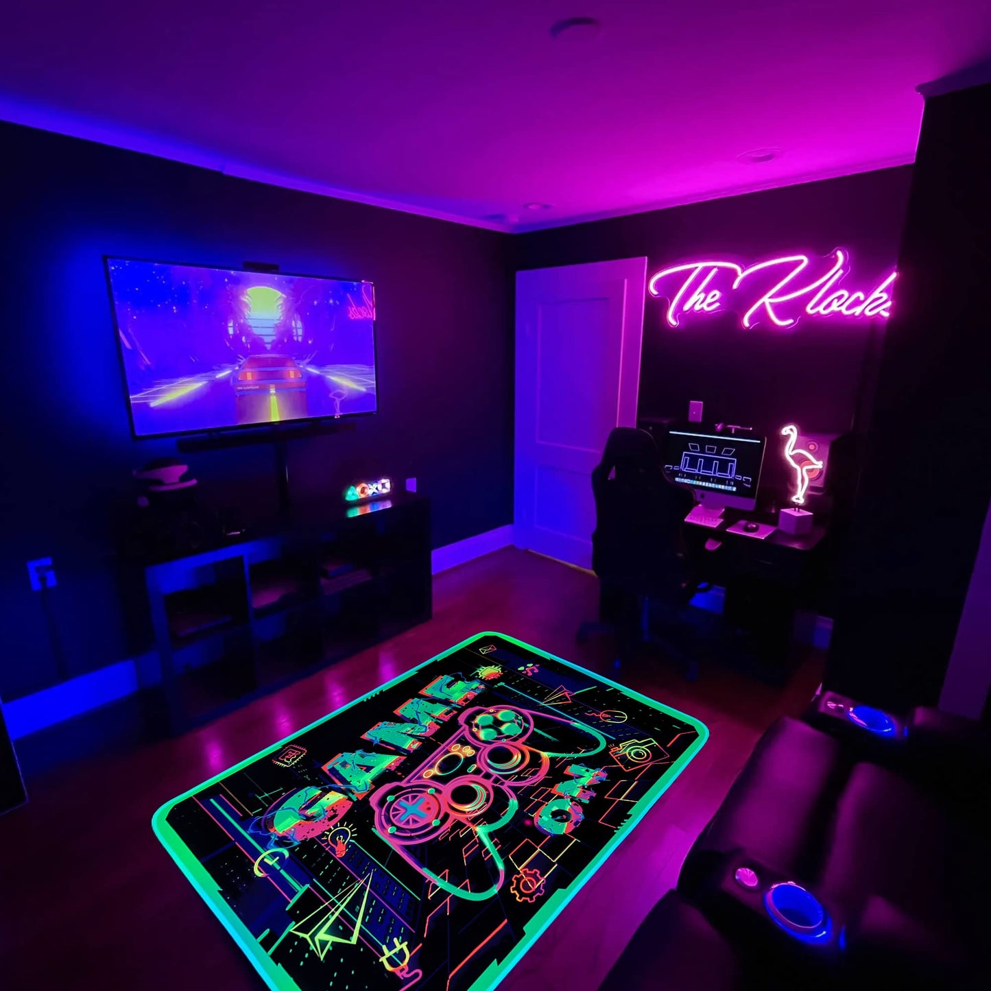 KMkicme Gaming Area Rug Blacklight for Bedroom Decor Game Printed Carpet Gamer Rug Glow in The Black Light for Playroom Large Non-Slip Area Rug Kids Boys Girls Game Room Casual Mat 82x59 Inch