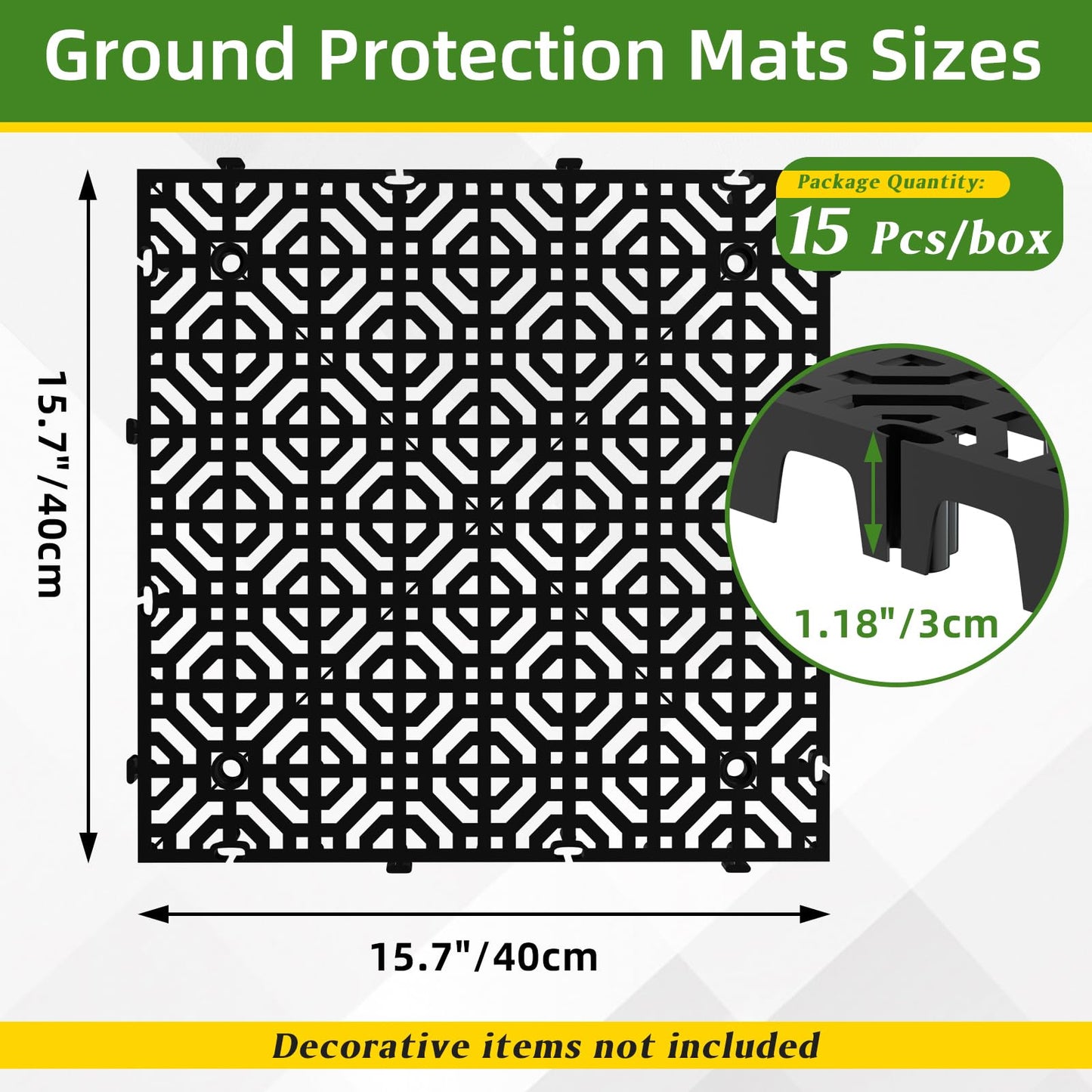15 Pcs 15.7" x 15.7" Heavy Duty Ground Protection Mats, Interlocking Non-Slip Floor Mat, Heavyweight Gravel Grid Drive on Lawn, 6613 lb Load Permeable Paver for Parking, Outdoor Event Flooring, Black