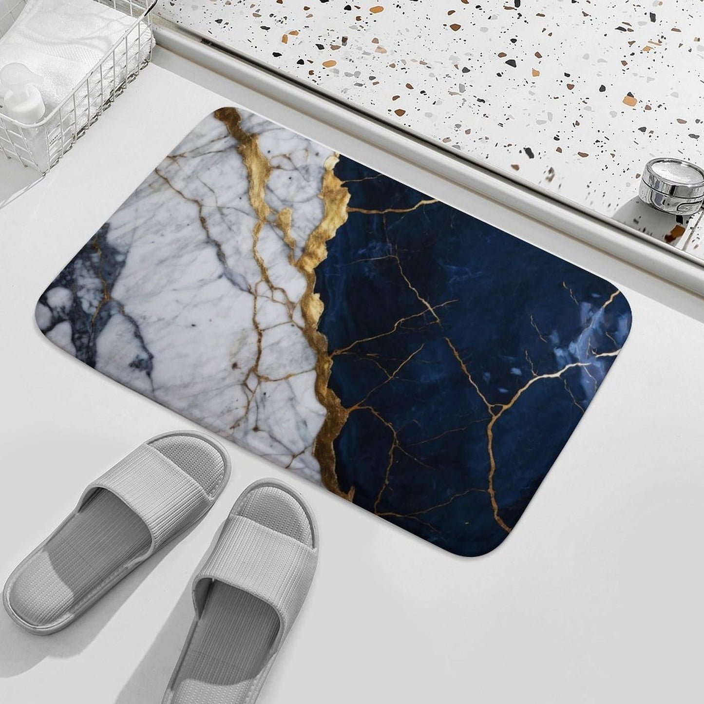 Marble Bath Rug 15.7" x23.6, Modern Foil Texture White Navy Blue Gold Marble Ultra Absorbent & Non-Slip Bath Carpet, Machine Washable, Soft Microfiber Bath Mats for Bathtub Laundry, Bathroom Floor