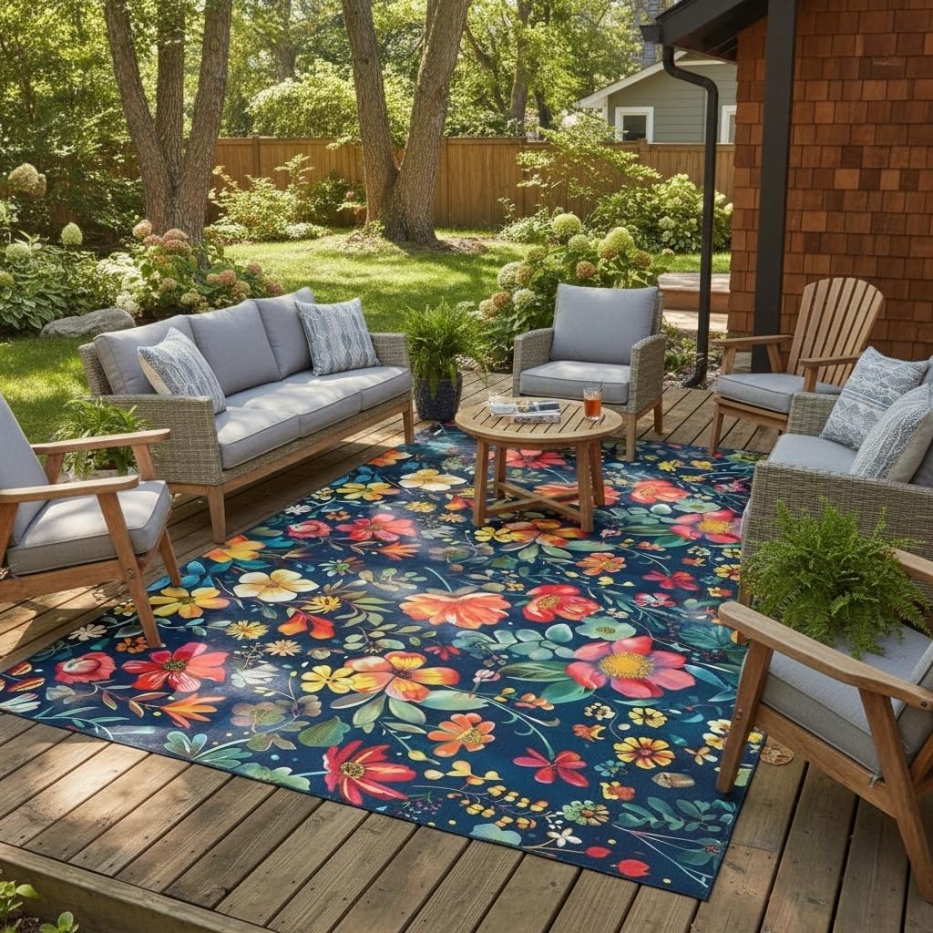 Retro Floral Outdoor 2x3 Area Rug for Patio Porch Balcony Garden Deck Washable Waterproof Large Carpet Tropical Boho Red Orange Flower Print Front Yard Camping Easy Clean Non Skid Picnic Camping Mat