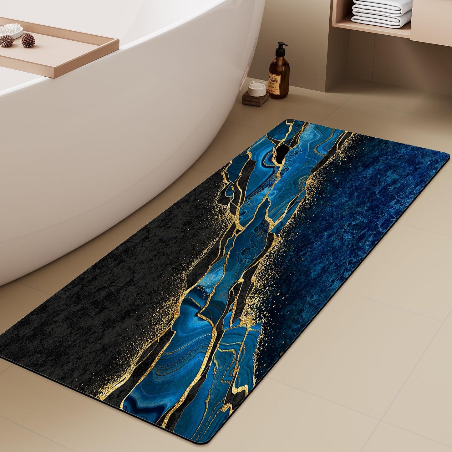 Azppsad Extra Long Bath Rug, Blue and Gold Marble Decoration Non-Slip Bathroom Running Rug with Rubber Backing, Thin Absorbent Quick-Drying Bath Mat for Tub Bathroom Kitchen, 15.7 x 47.2 inches