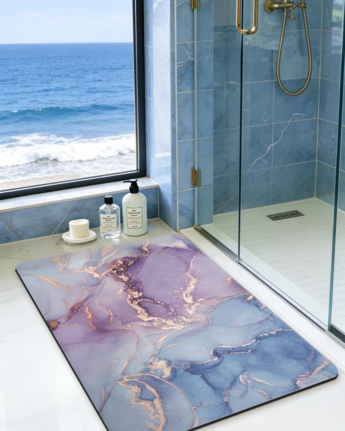 DEXI Bathroom Mat Ultra Thin, Non Slip Bath Rug for Shower Floor, Absorbent Quick Dry Marble Bathmats Low Profile, 24x16, Blue and Purple